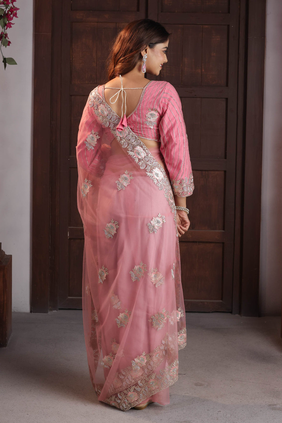 Coral Bloom Silver Border Saree
