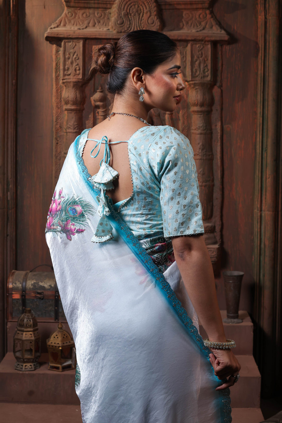 Aqua Pearl Floral Border Saree