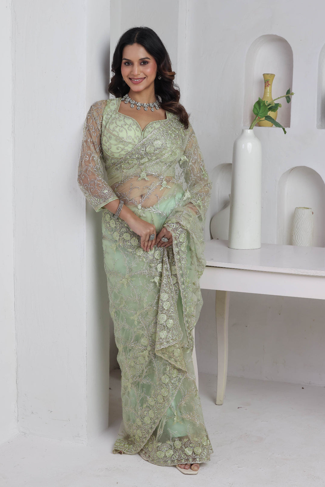 Sage Moonlight Embroidered Saree