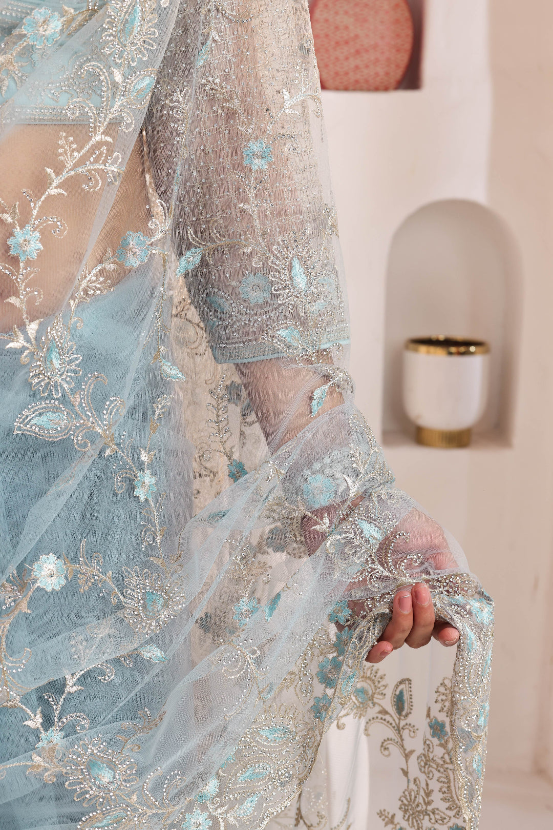 Powder Blue Celestial Embroidery Saree