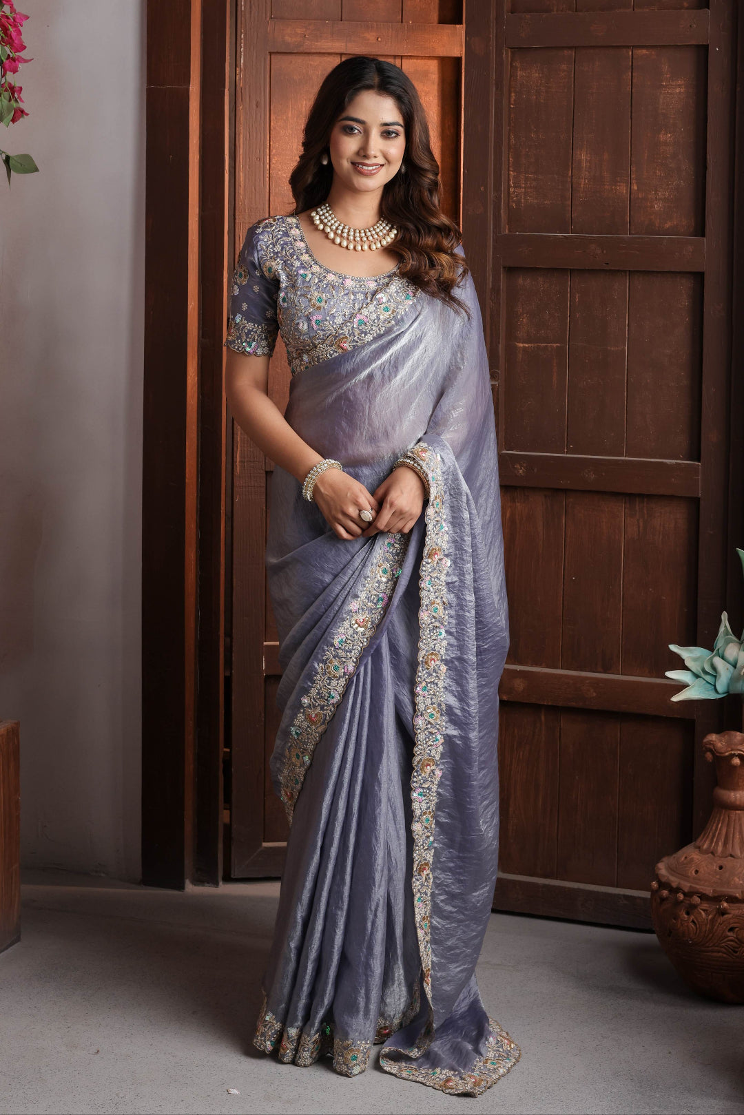 Twilight Slate Floral Embroidery Saree