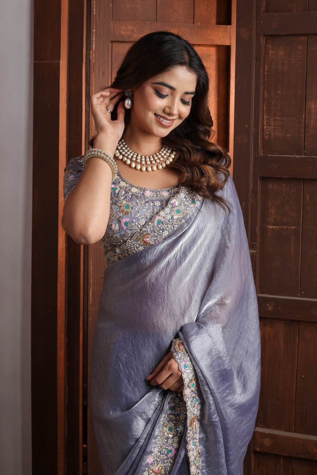 Twilight Slate Floral Embroidery Saree