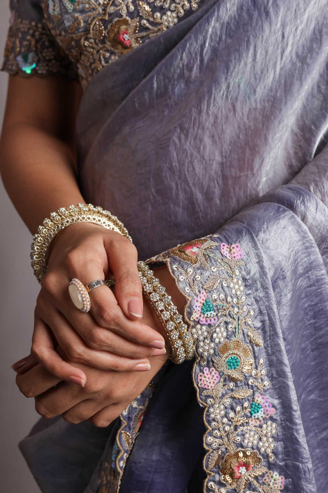 Twilight Slate Floral Embroidery Saree