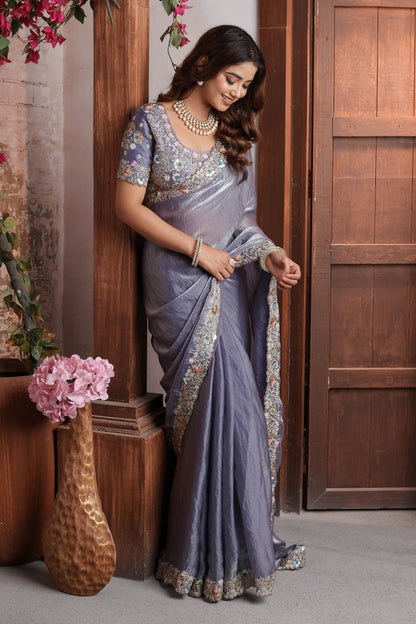 Twilight Slate Floral Embroidery Saree