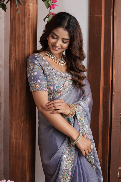 Twilight Slate Floral Embroidery Saree