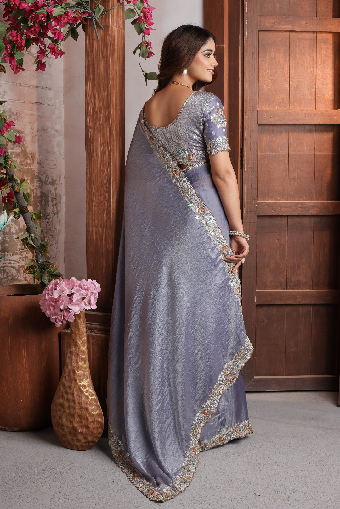 Twilight Slate Floral Embroidery Saree