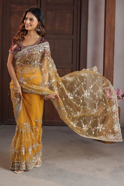 Marigold Royale Floral Pallu Saree