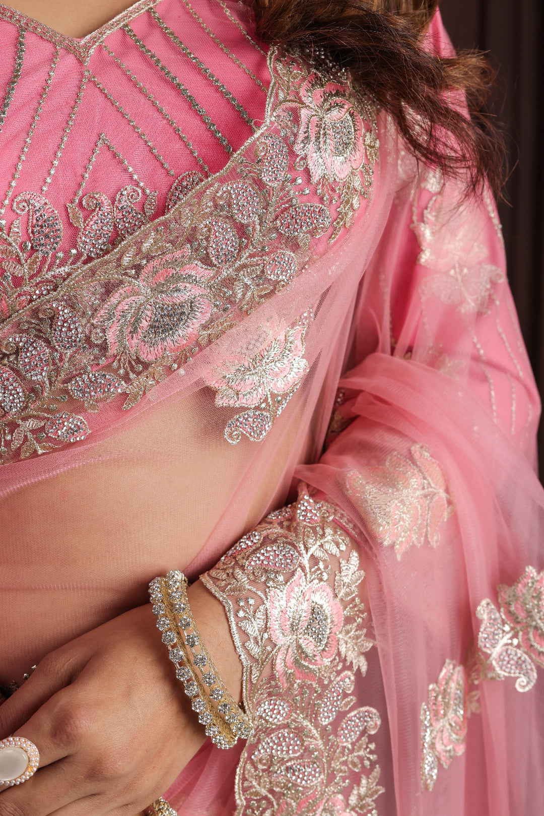 Coral Bloom Silver Border Saree