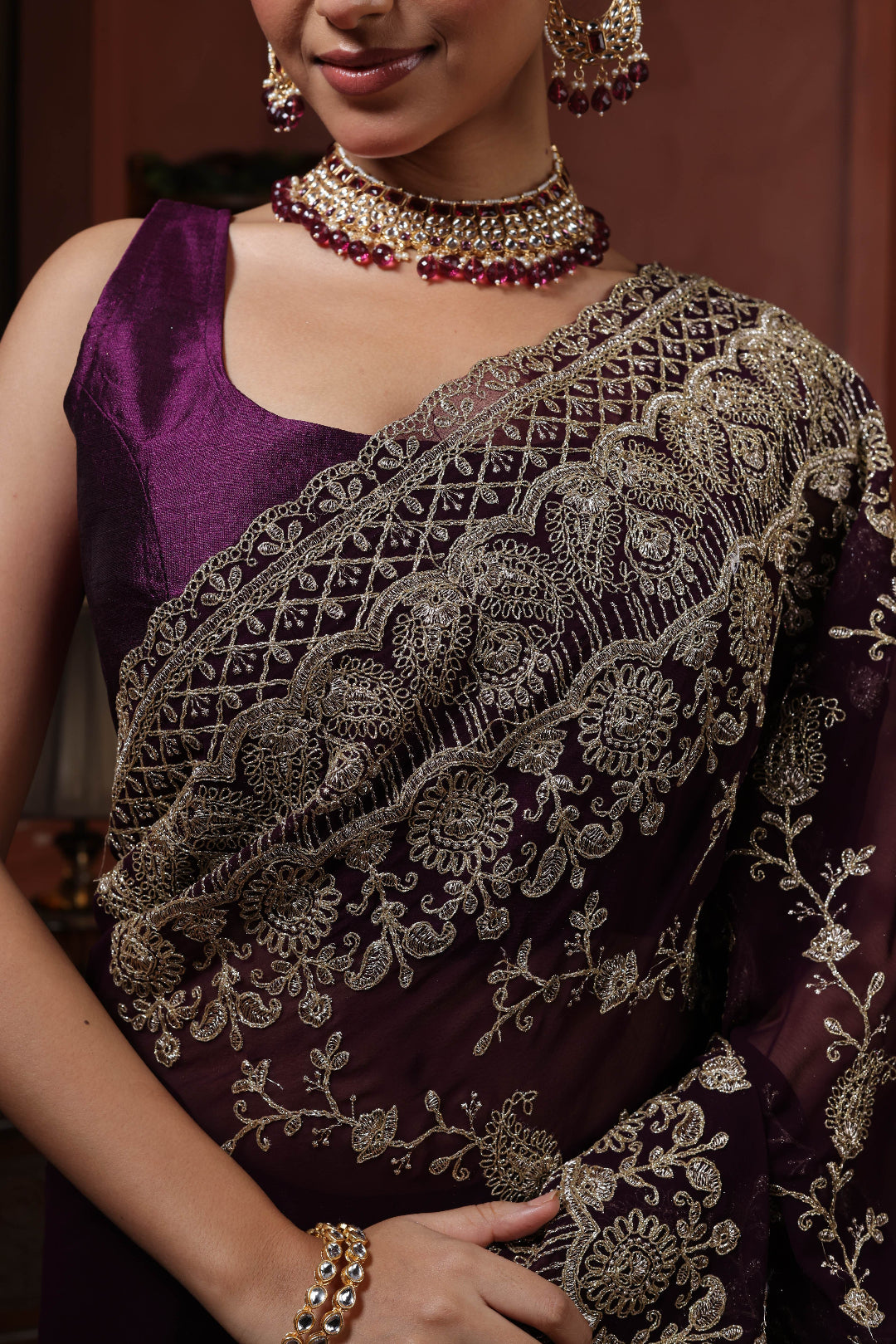Midnight Plum Floral Embroidery Saree