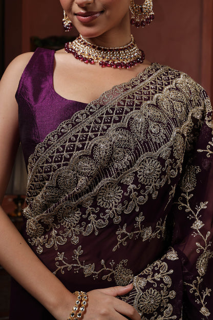 Midnight Plum Floral Embroidery Saree