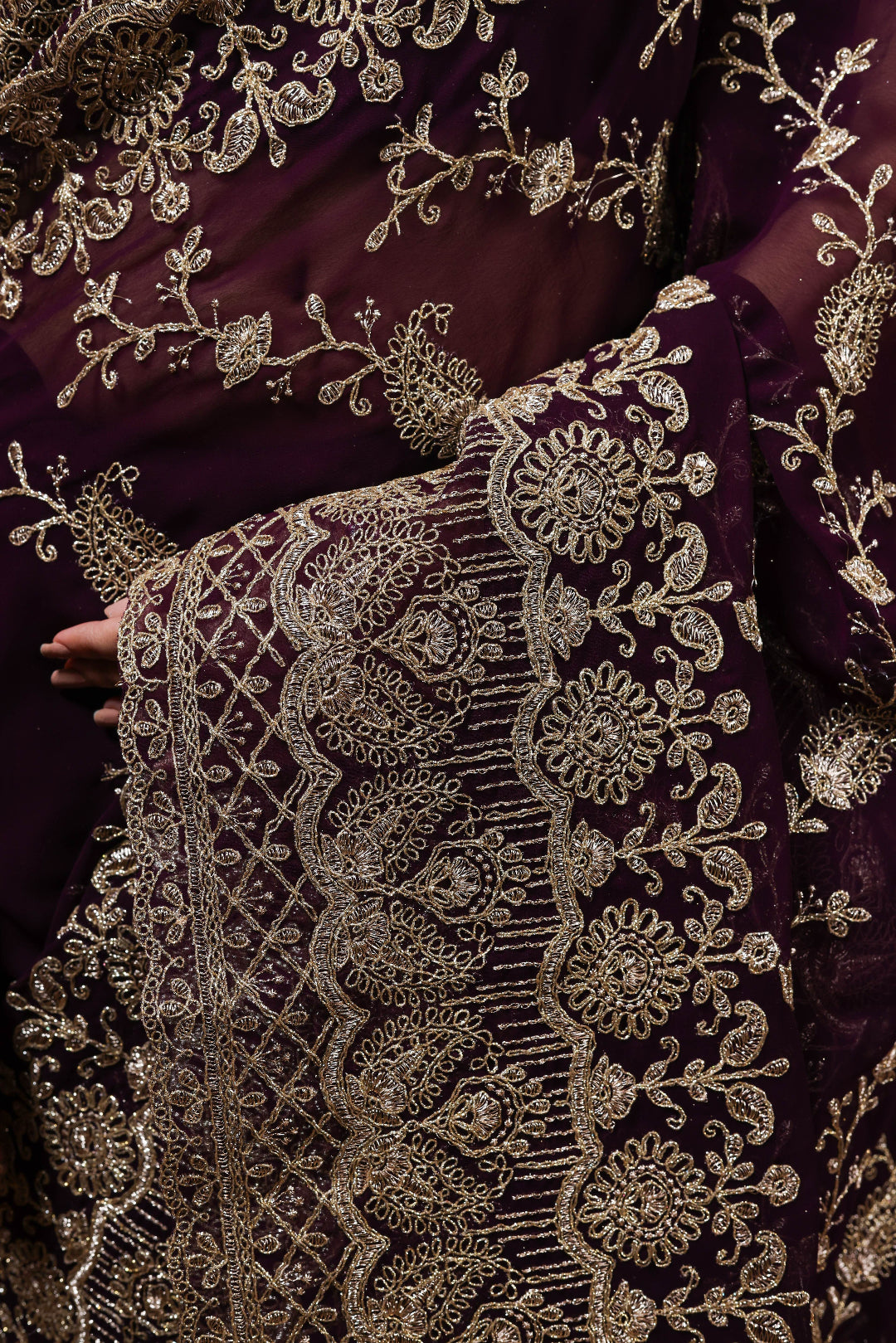 Midnight Plum Floral Embroidery Saree