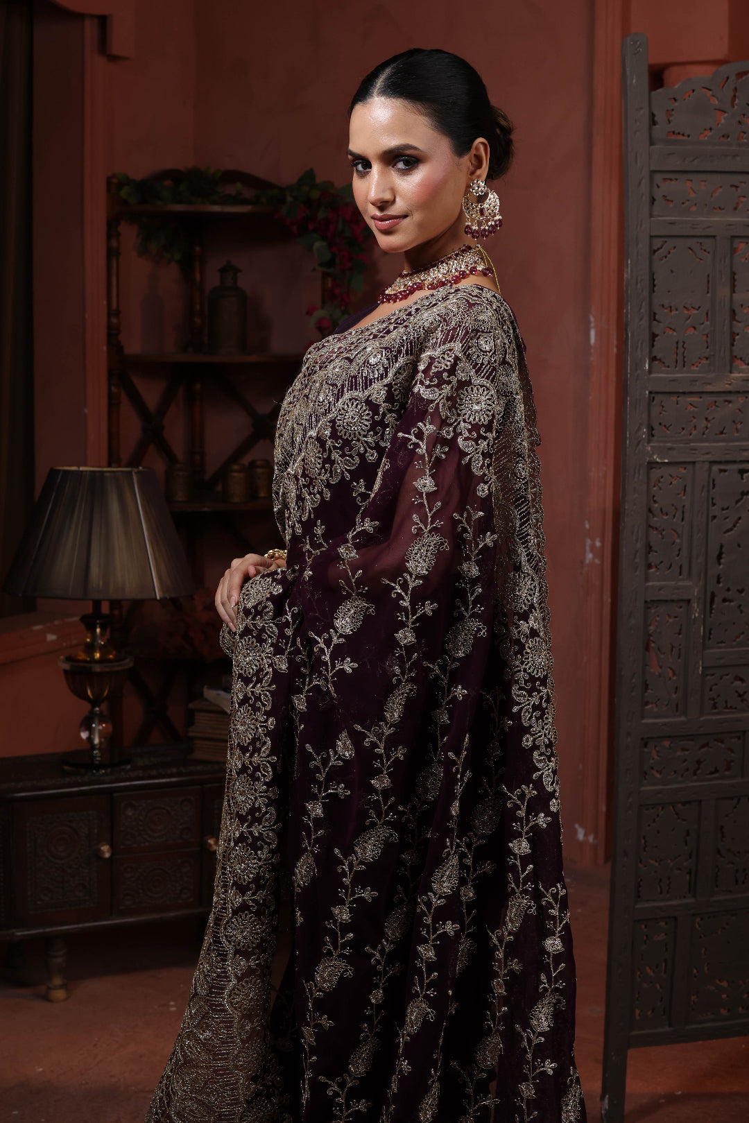 Midnight Plum Floral Embroidery Saree
