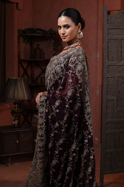 Midnight Plum Floral Embroidery Saree