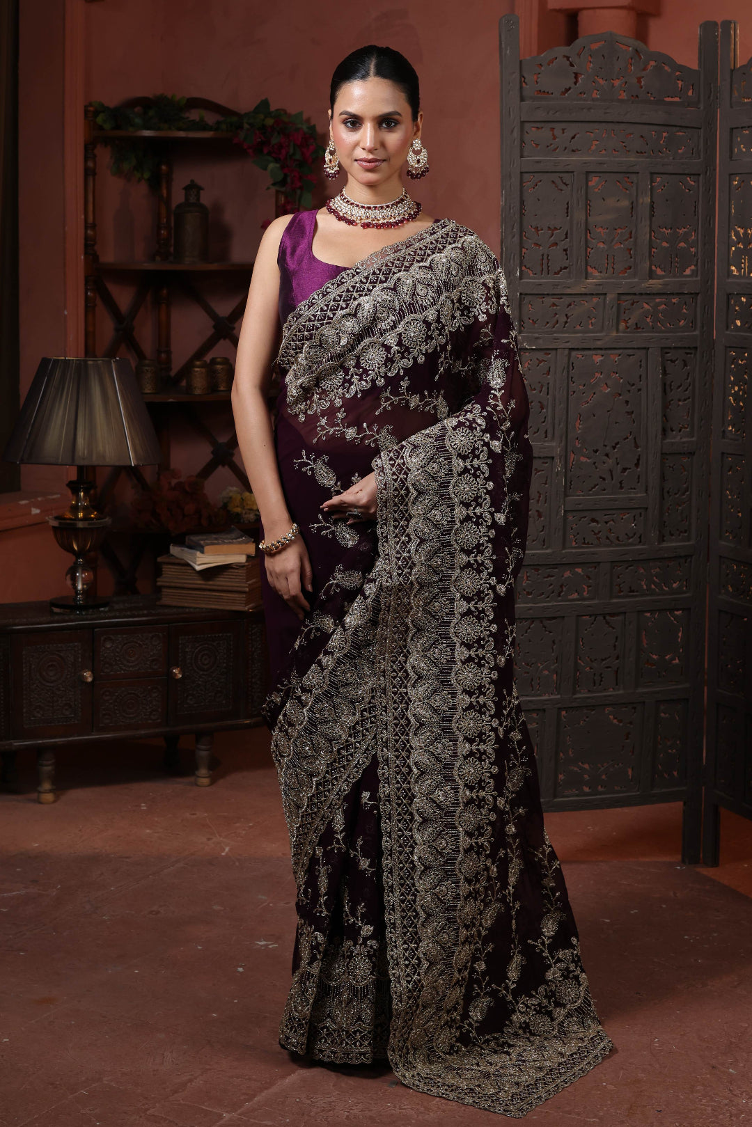 Midnight Plum Floral Embroidery Saree