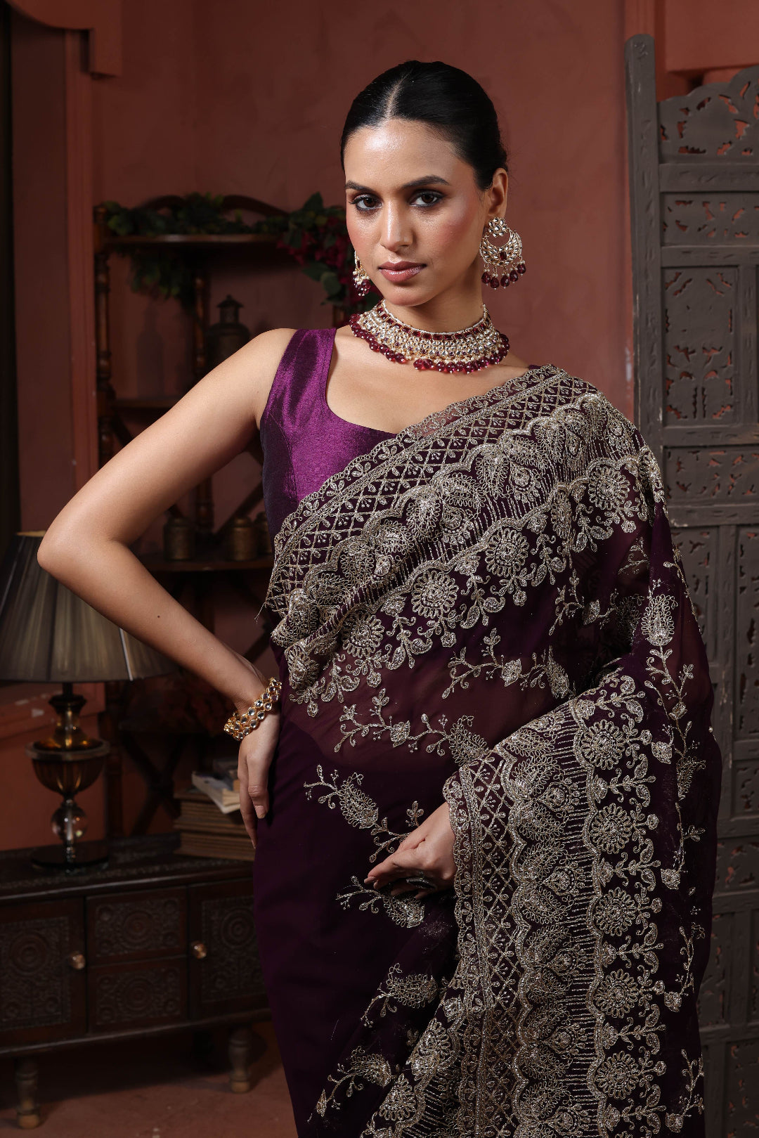 Midnight Plum Floral Embroidery Saree