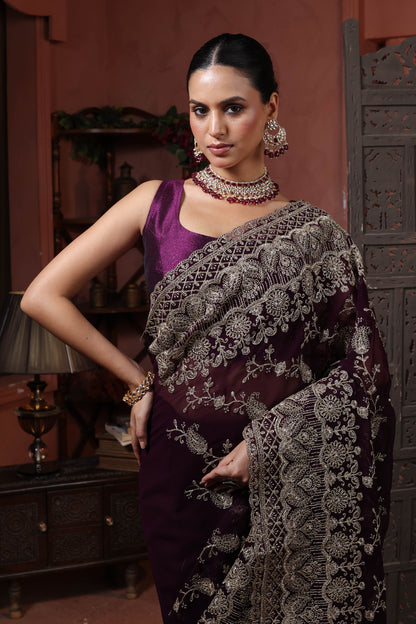Midnight Plum Floral Embroidery Saree