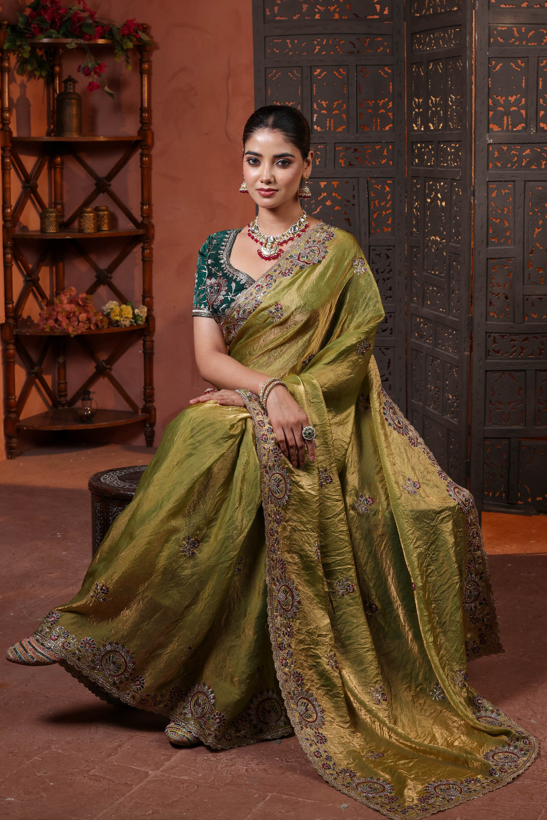 Olive Courtyard Embroidery Saree