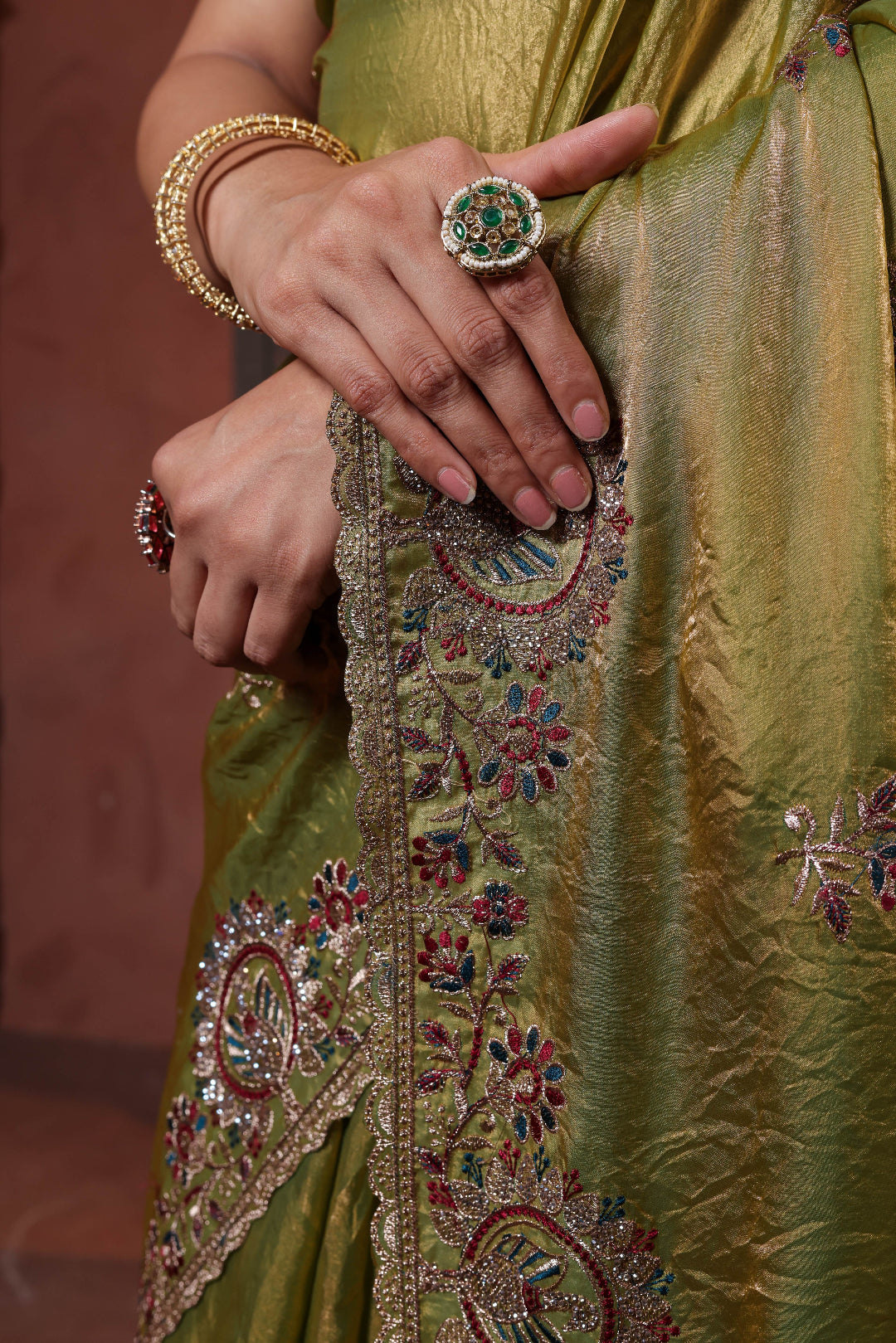 Olive Courtyard Embroidery Saree