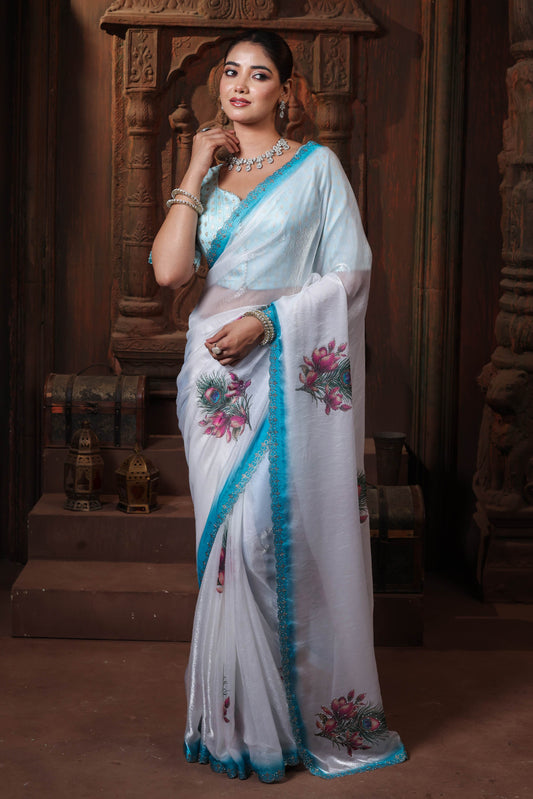 Aqua Pearl Floral Border Saree