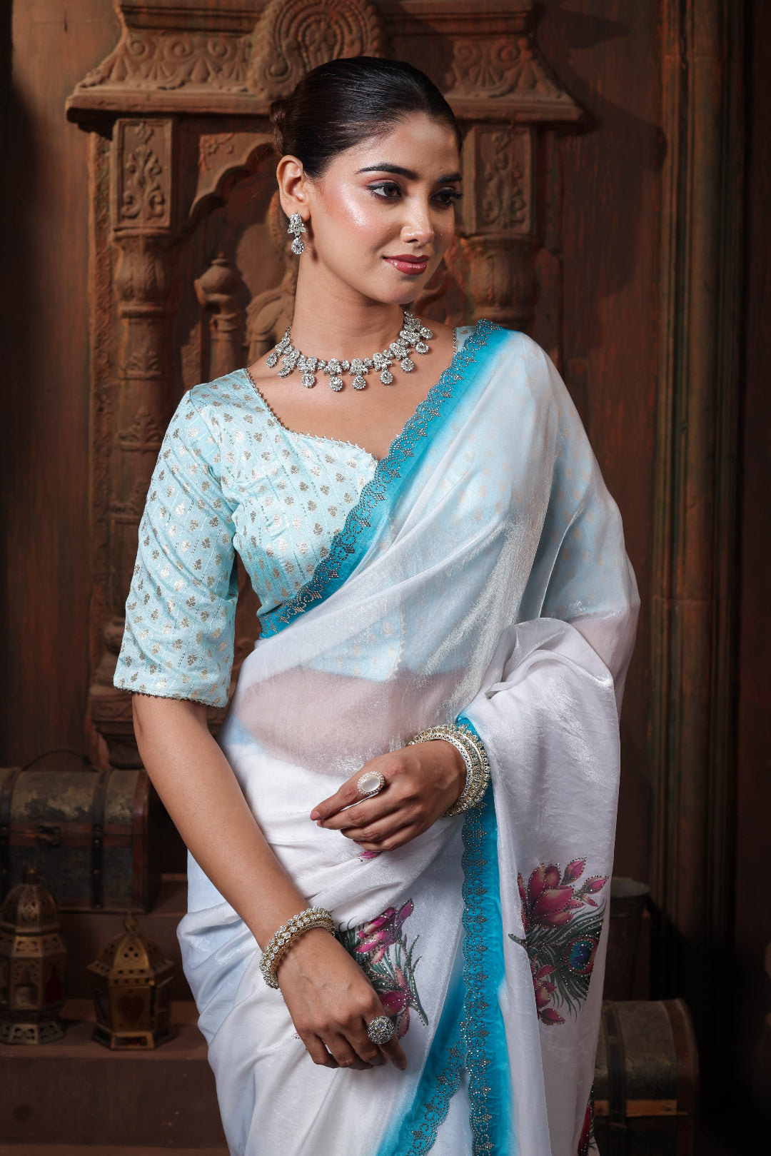Aqua Pearl Floral Border Saree