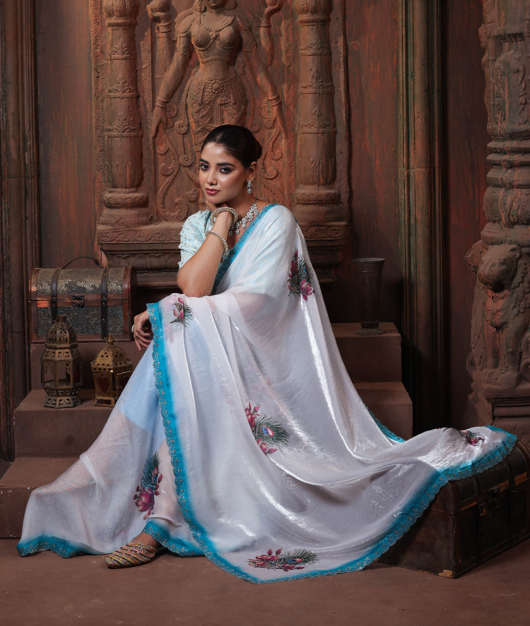 Aqua Pearl Floral Border Saree
