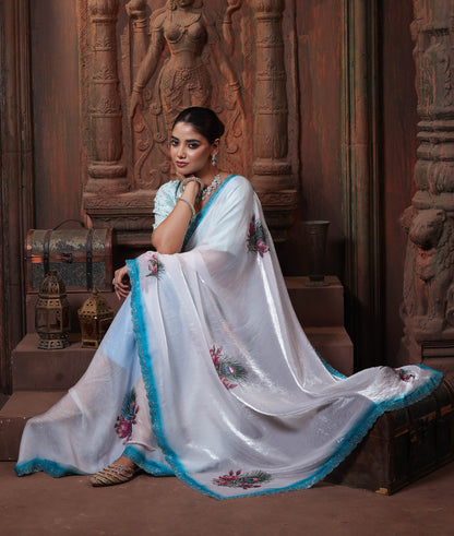 Aqua Pearl Floral Border Saree