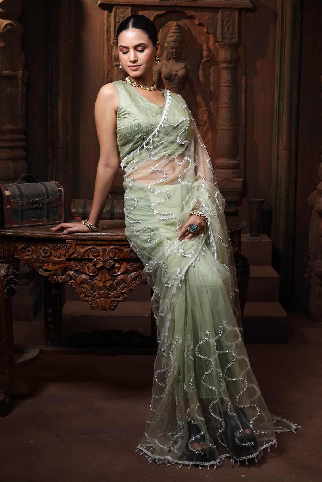 Silver Sage Wave Embroidery Saree