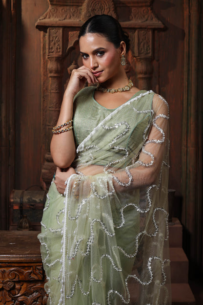 Silver Sage Wave Embroidery Saree