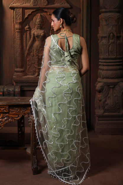 Silver Sage Wave Embroidery Saree