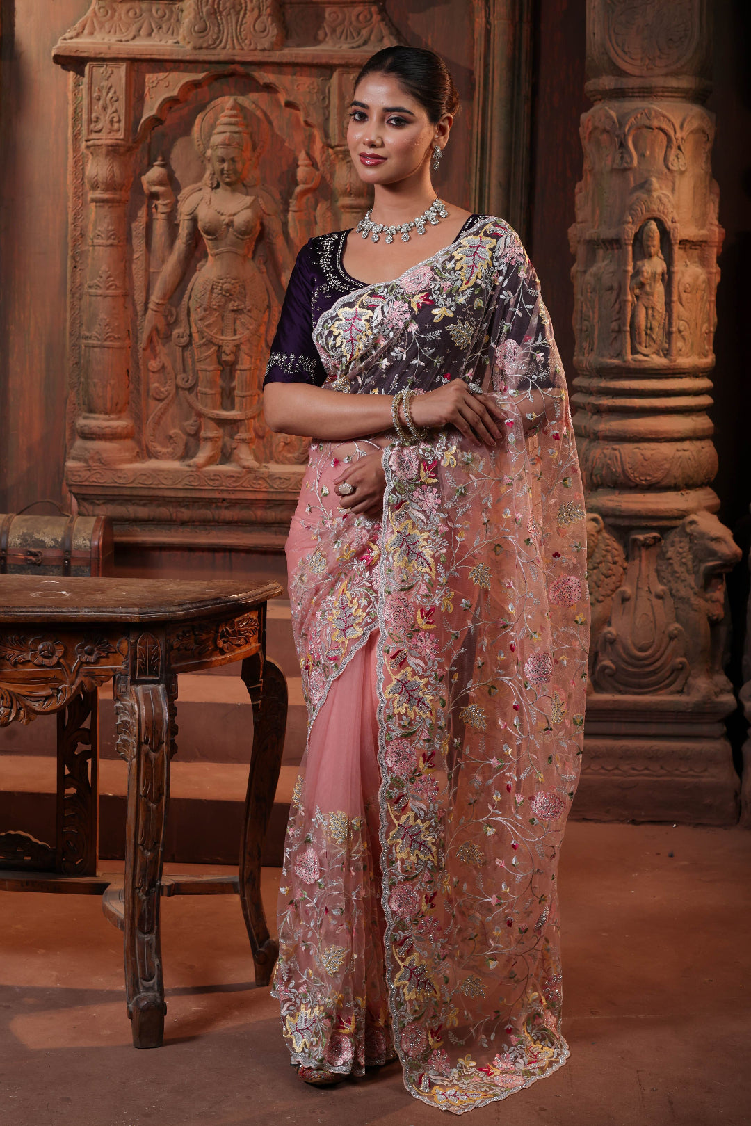 Blush Navy Garden Embroidery Saree