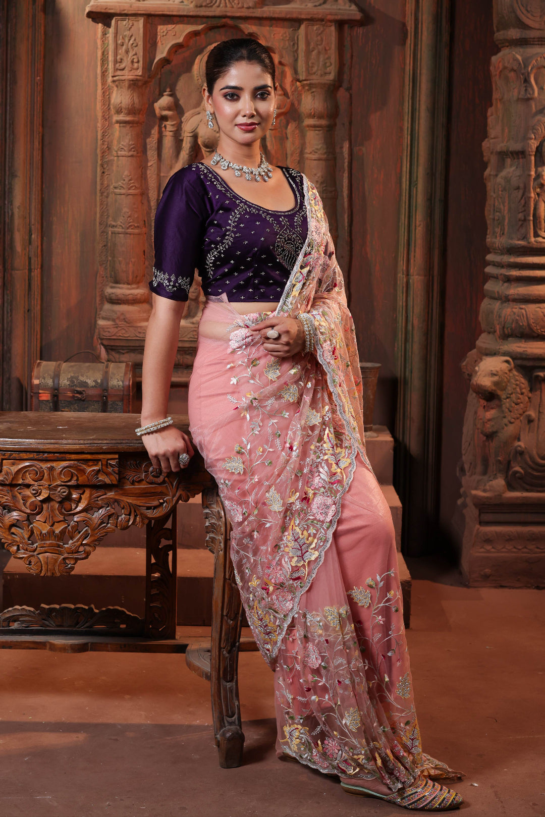 Blush Navy Garden Embroidery Saree