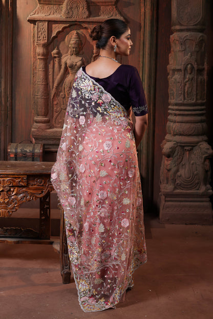 Blush Navy Garden Embroidery Saree