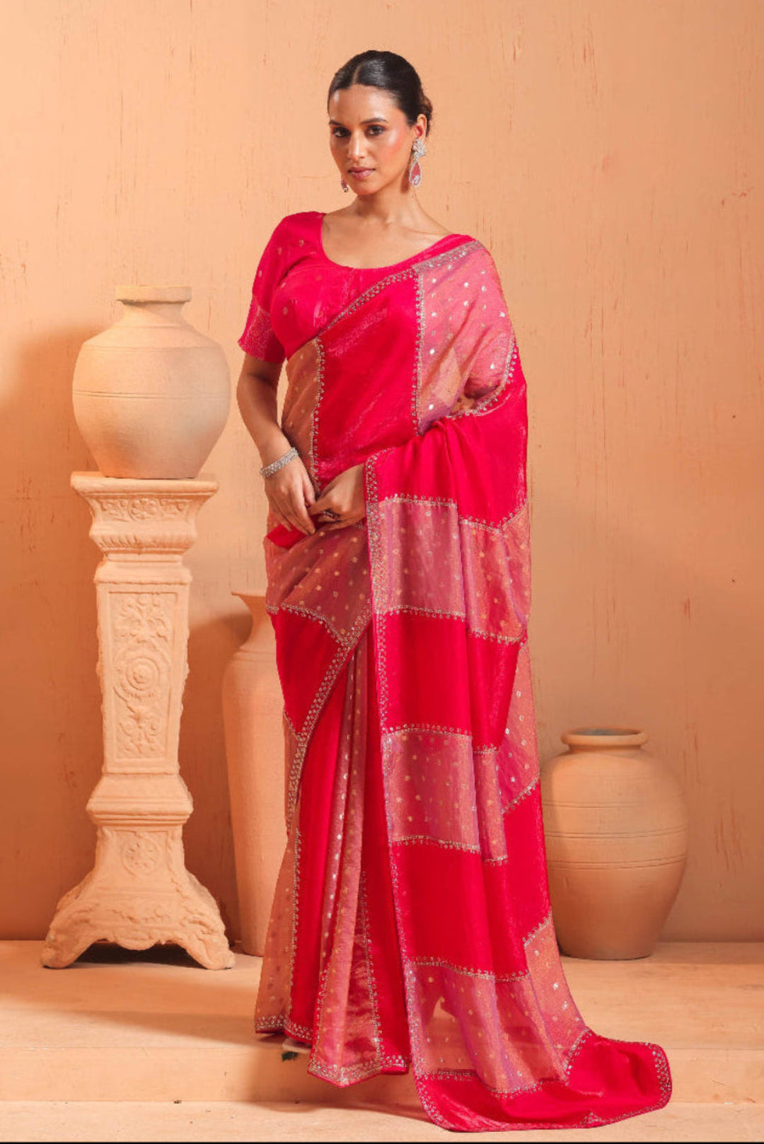 Coral Red Temple Border Saree