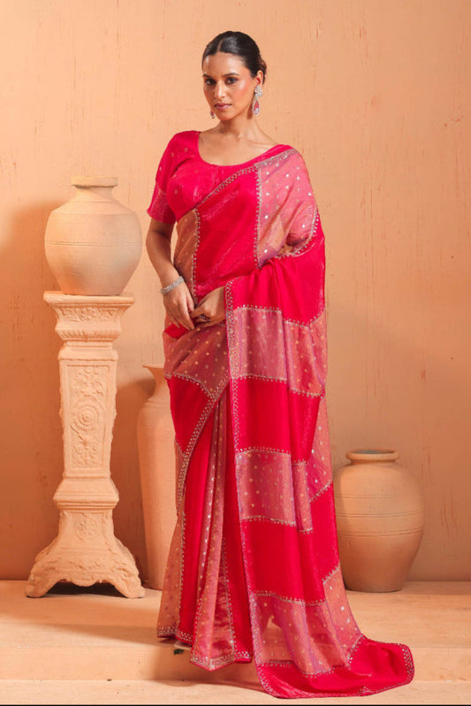 Coral Red Temple Border Saree