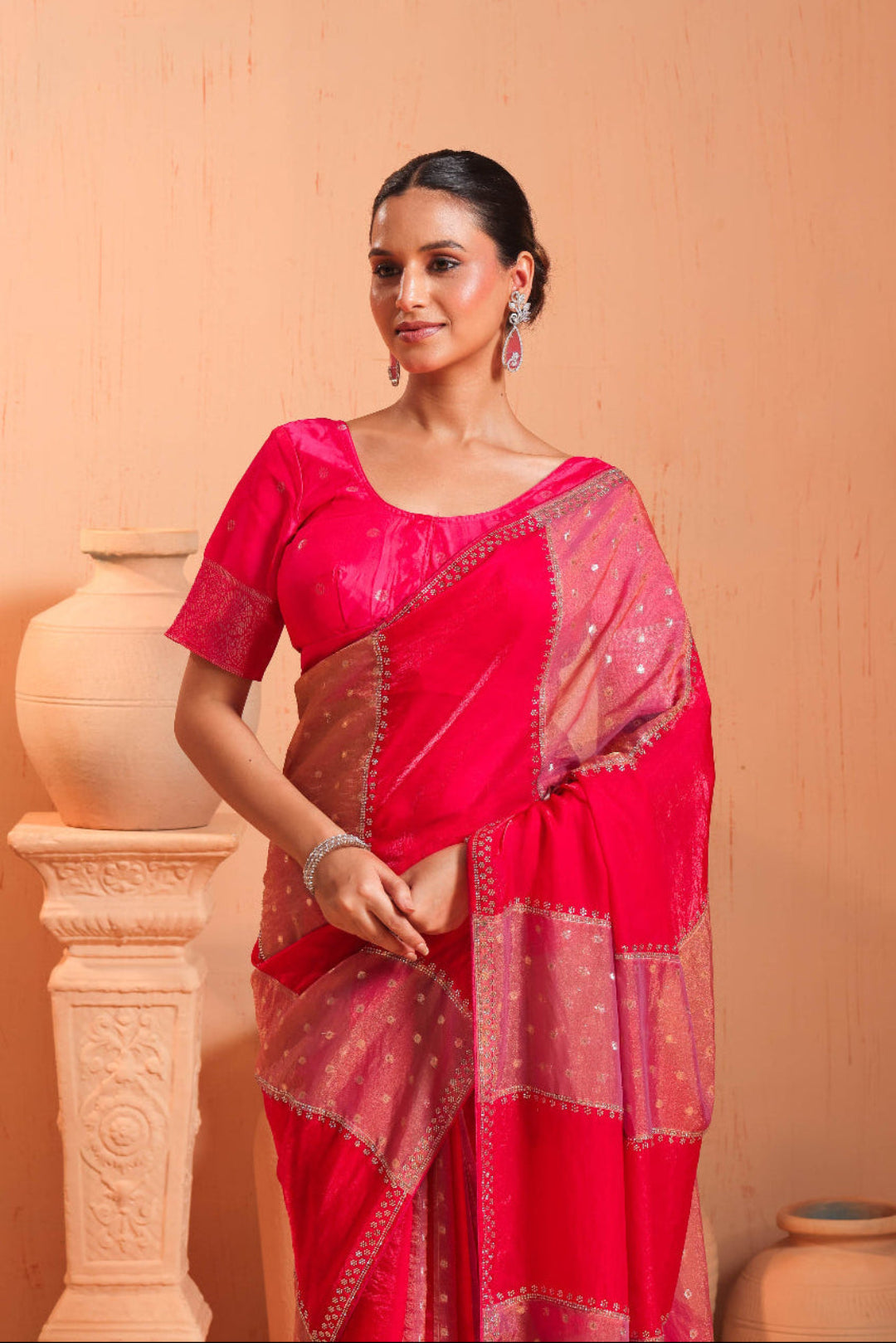 Coral Red Temple Border Saree