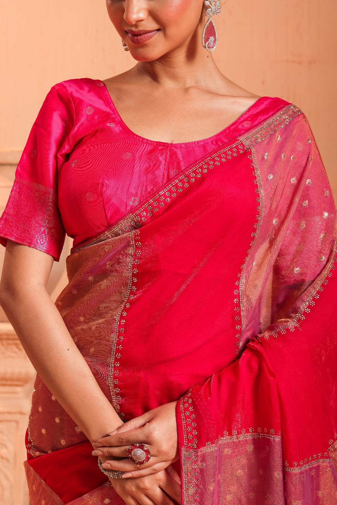 Coral Red Temple Border Saree