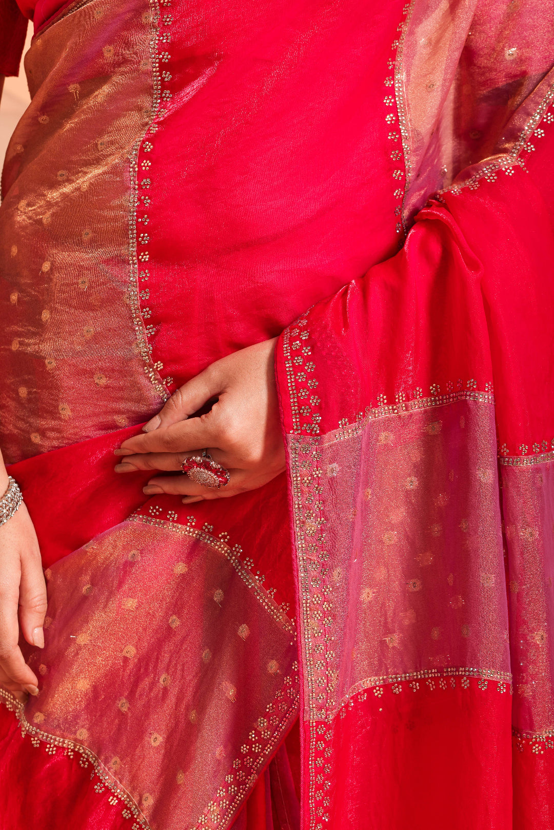 Coral Red Temple Border Saree