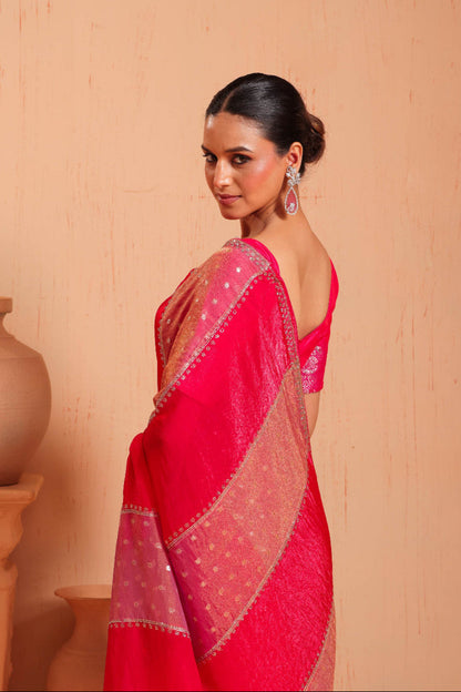 Coral Red Temple Border Saree