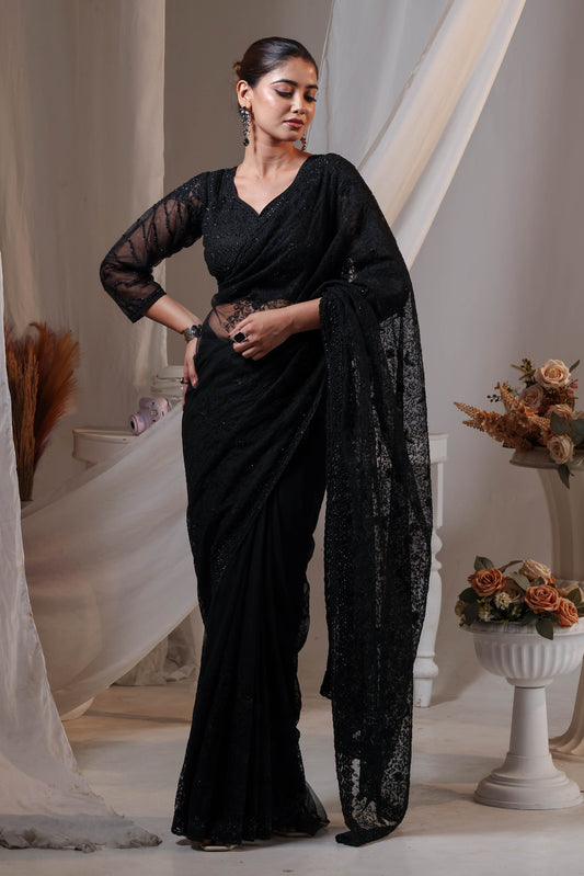 Onyx Shadow Sheer Embroidery Saree