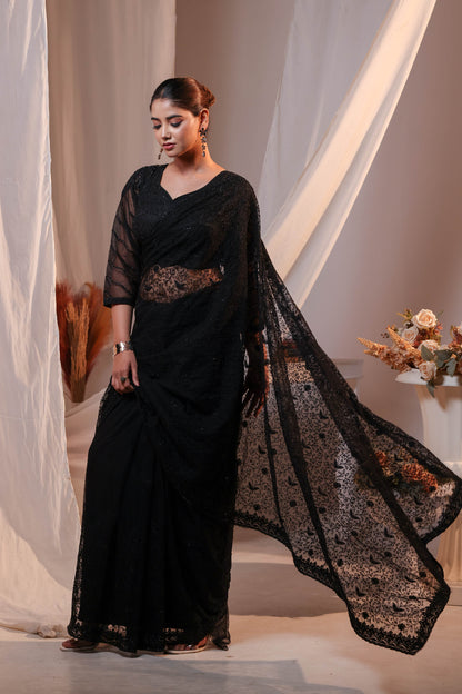 Onyx Shadow Sheer Embroidery Saree