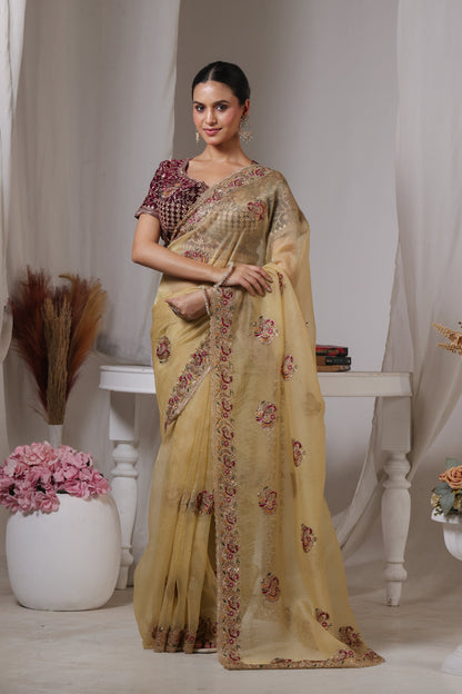 Ivory Marigold Floral Saree