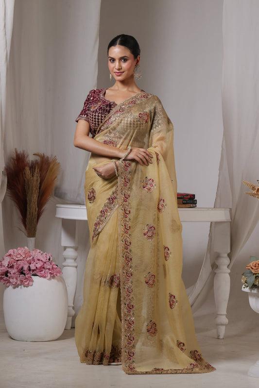 Ivory Marigold Floral Saree