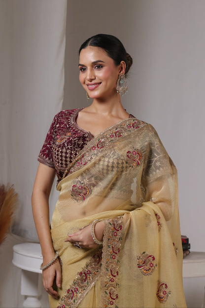 Ivory Marigold Floral Saree