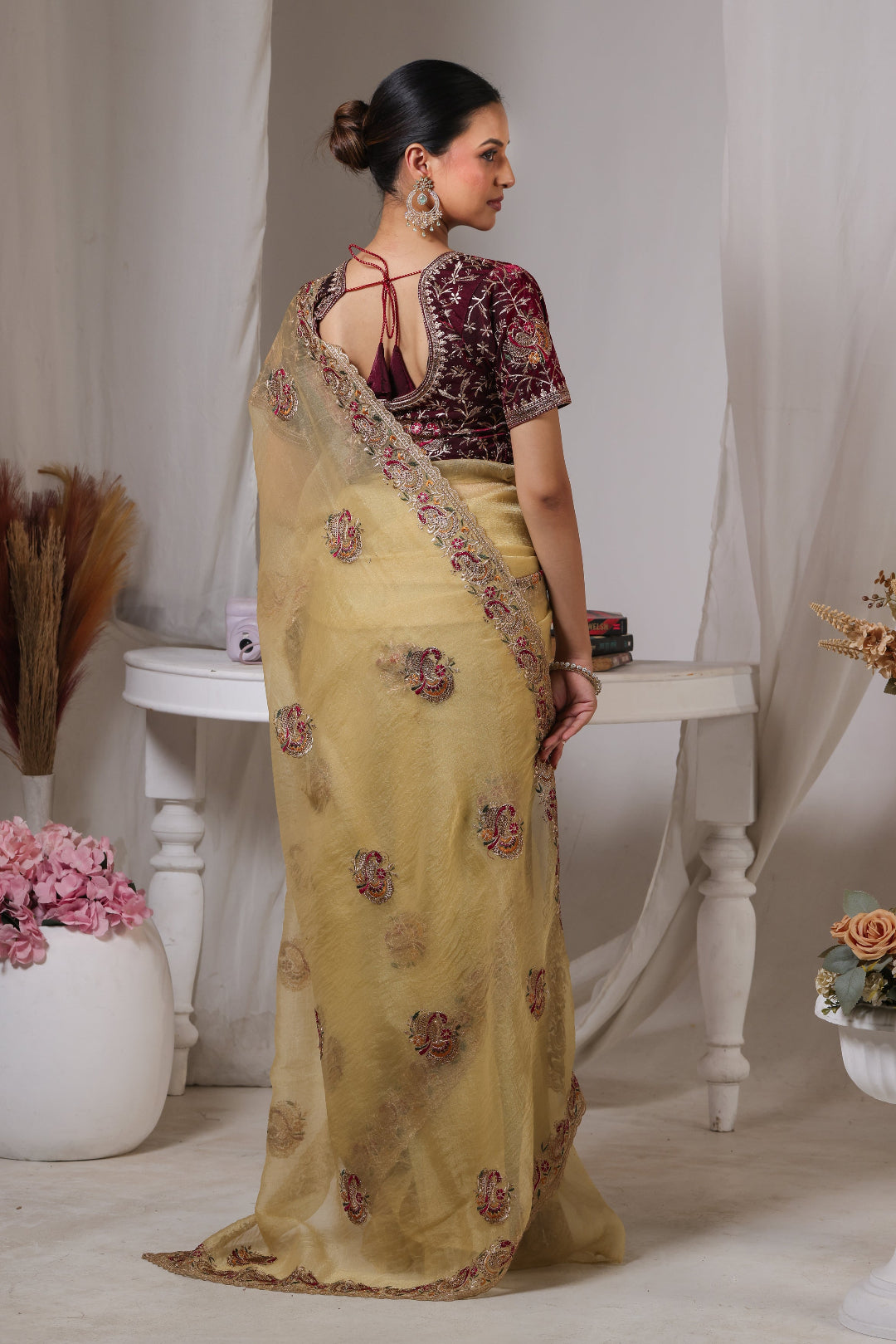 Ivory Marigold Floral Saree