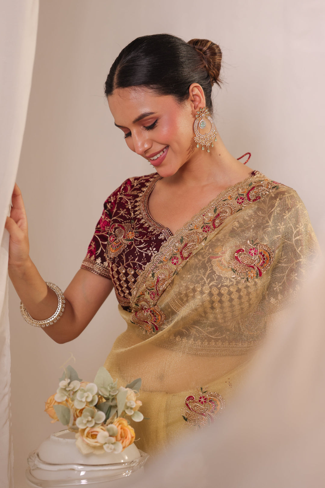 Ivory Marigold Floral Saree