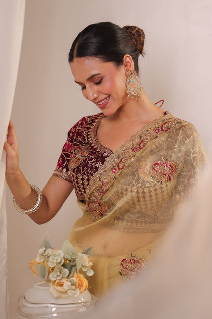 Ivory Marigold Floral Saree